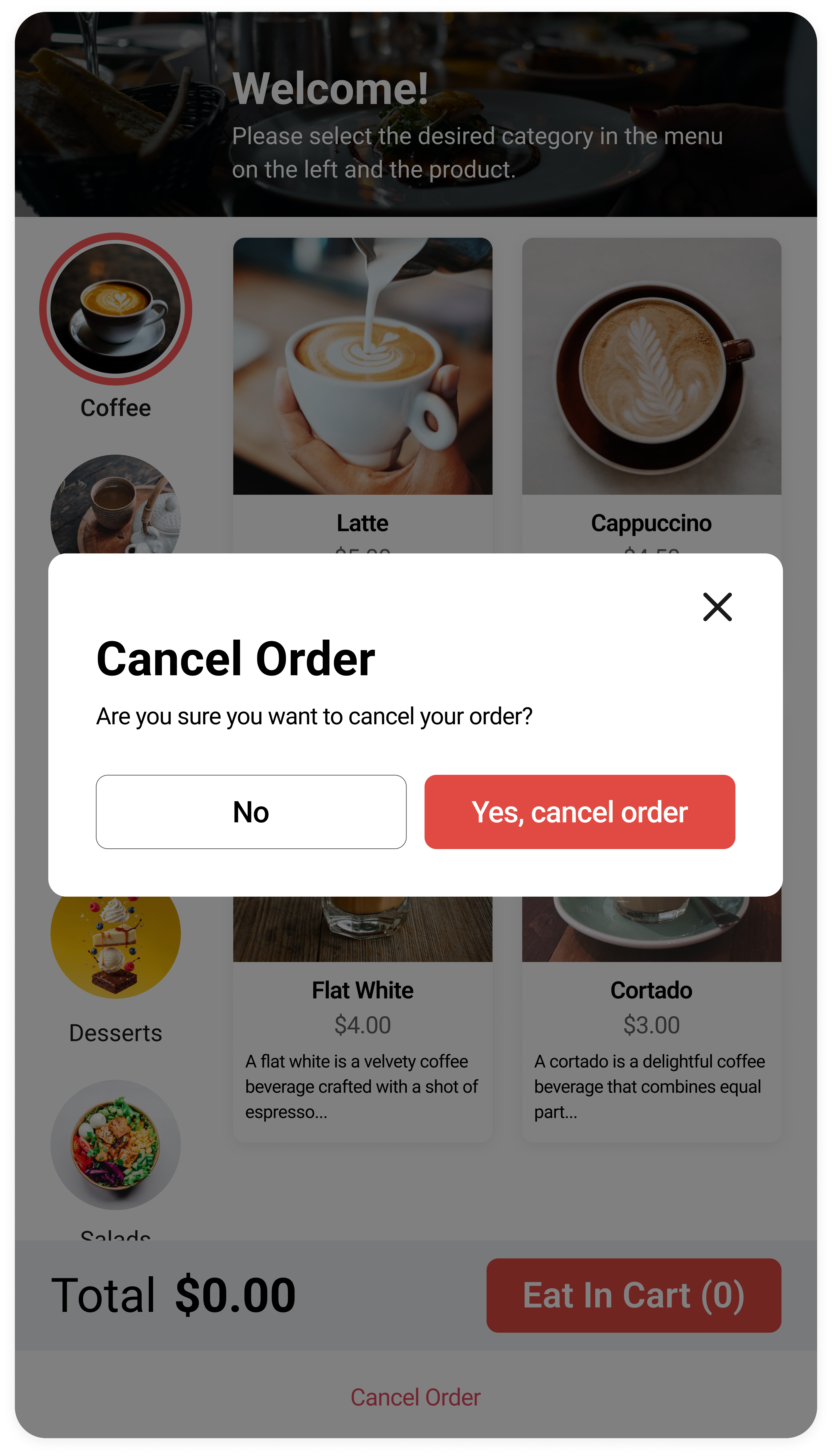 Cancel order confirmation modal