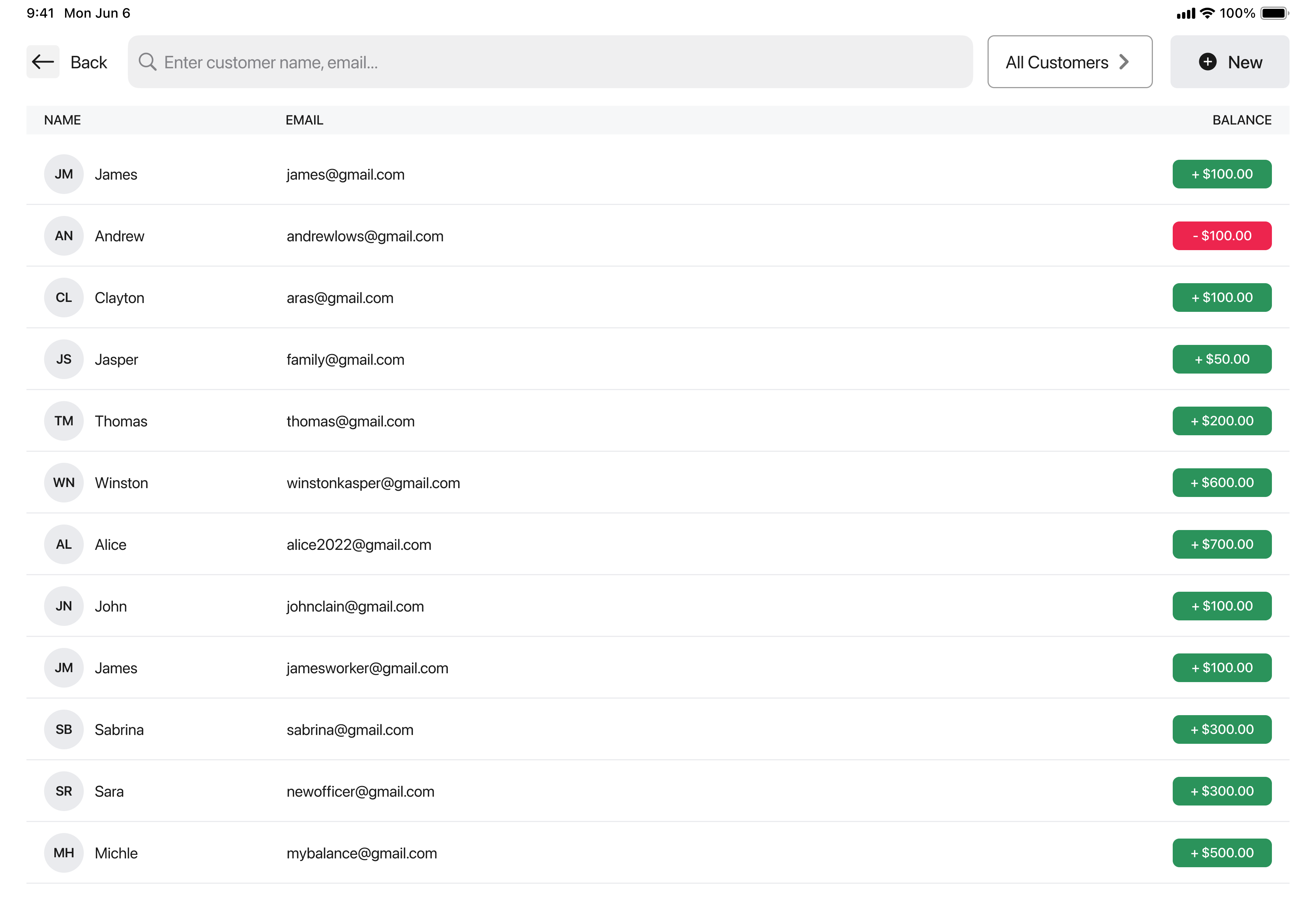 Accounts list with balance overview